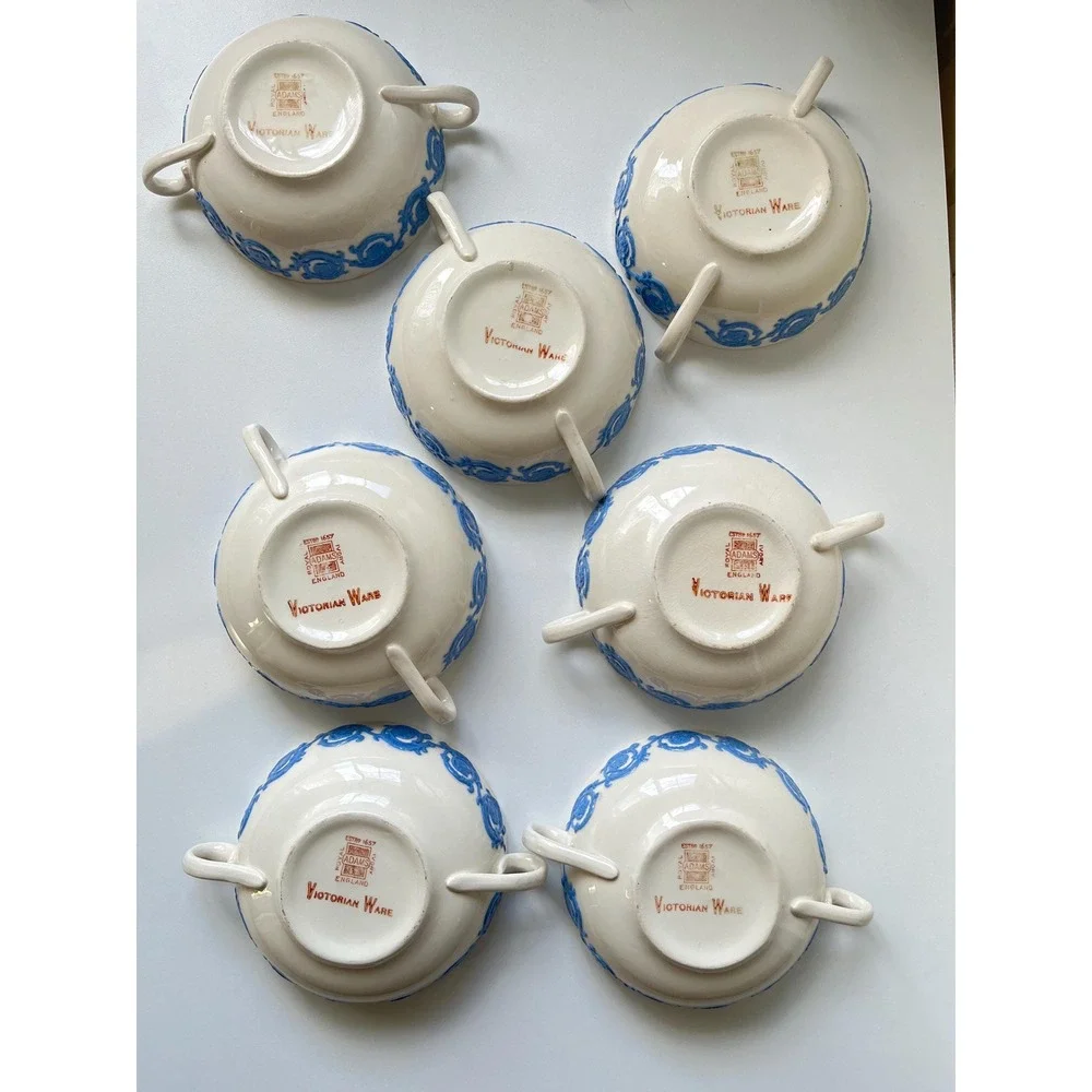 Set of8 Soup Cups ANTIQUE Royal Adams England Ivory Victorian Ware Chelsea Blue
